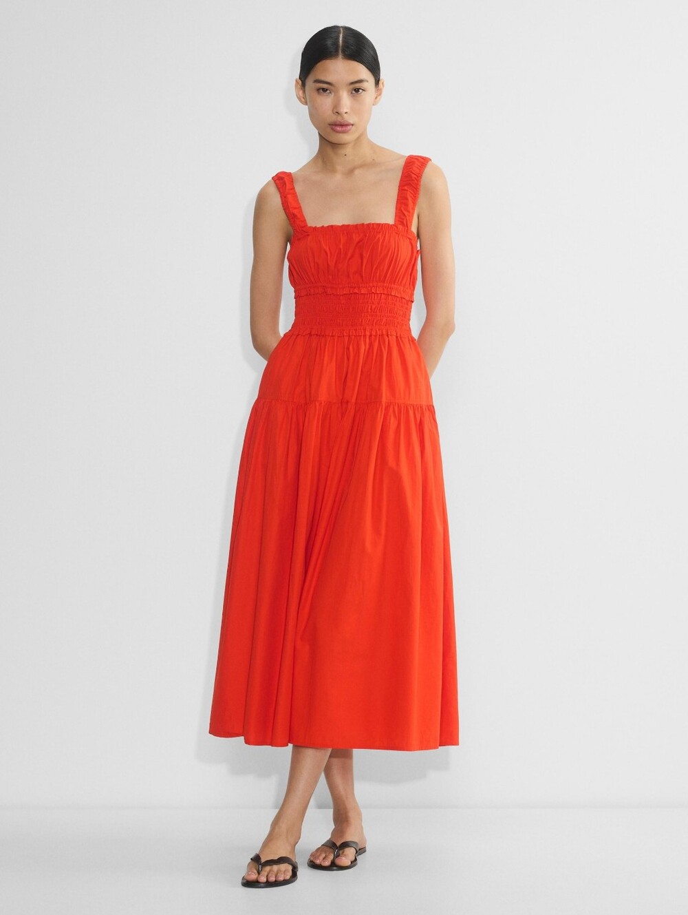 Aritzia Red Smocked Midi Sundress with Tiered Skirt